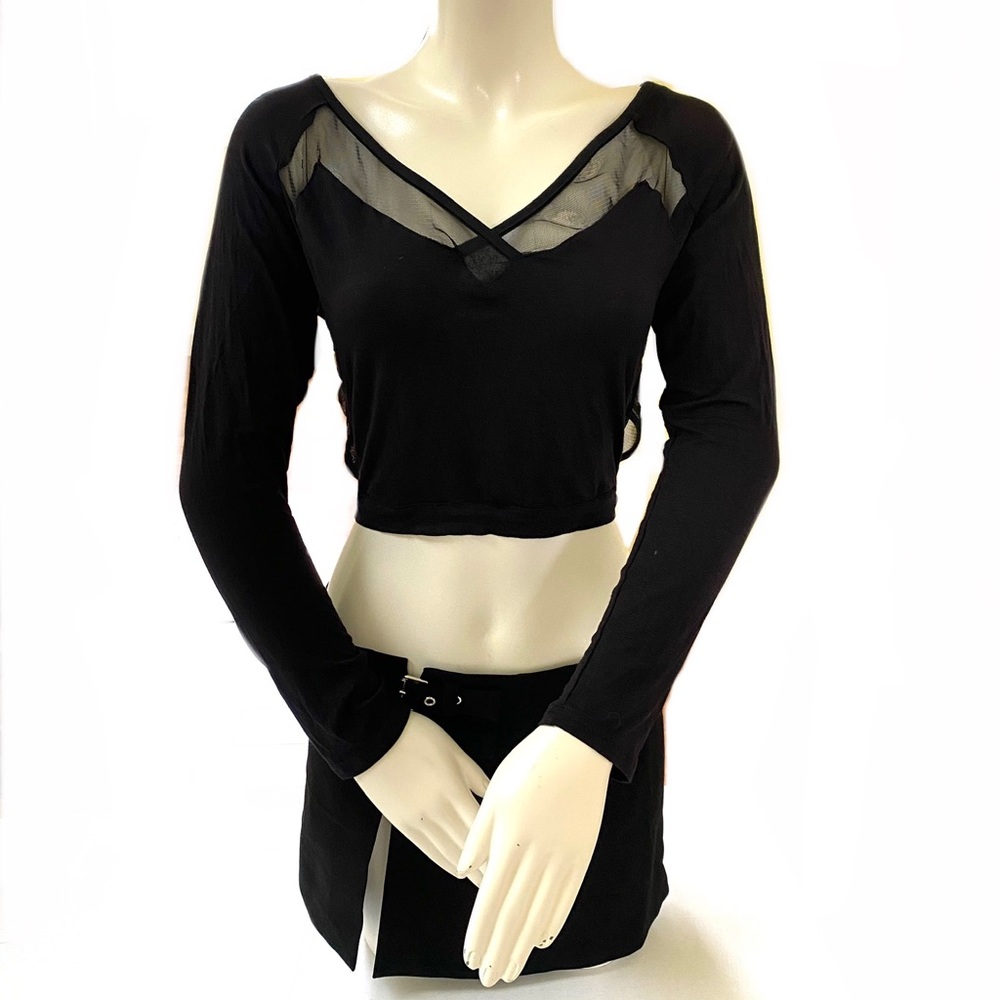 NWT Y2K black cyber punk mall goth emo mesh sheer panel crop top shirt buckle